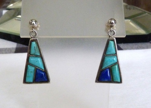JAY KING MINE FINDS TURQUOISE LAPIS COBBLESTONE INLAY STERLING SILVER EARRINGS