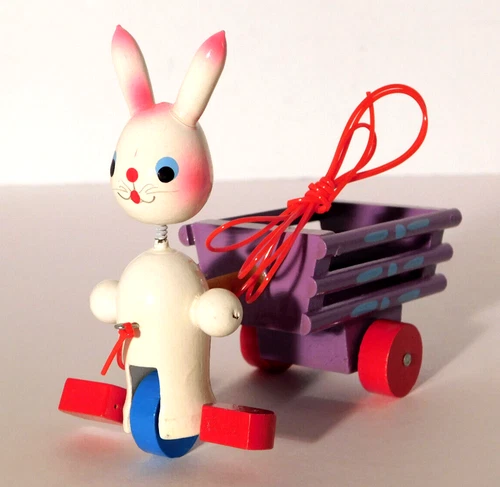 Vtg. Painted Wood Easter Bunny Rabbit Wobble Head Wagon Cart Pull Toy Japan NOS