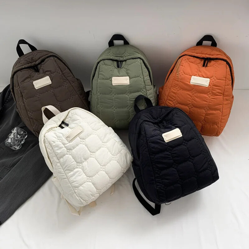 Large Backpacks Women Padded Plaid Quilted Zipper Soft Fabric Lightweight Bags