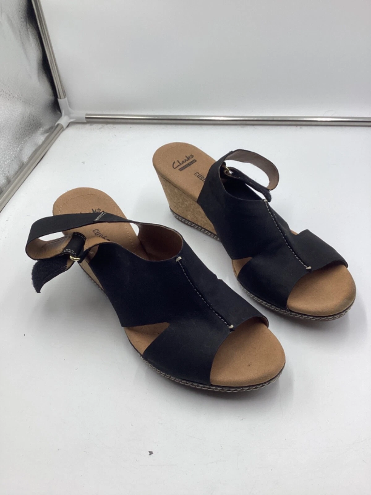 Sandali Clarks Collection donna tg 11D neri plateau sughero zeppa tacco slingback