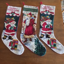 Set of 3 Needlepoint Christmas Stockings Traditional Santa Claus Merry Christmas