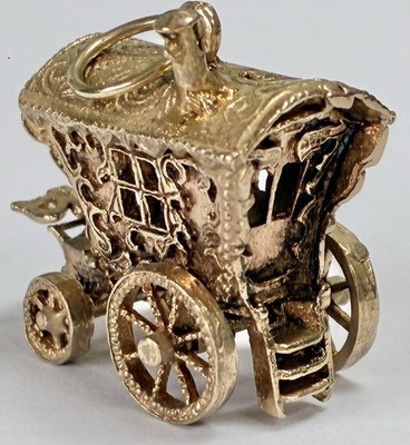 9 kt Gelbgold Zigeuner Wohnwagen Anhänger Charm mit beweglichen Rädern **SCHWER**
