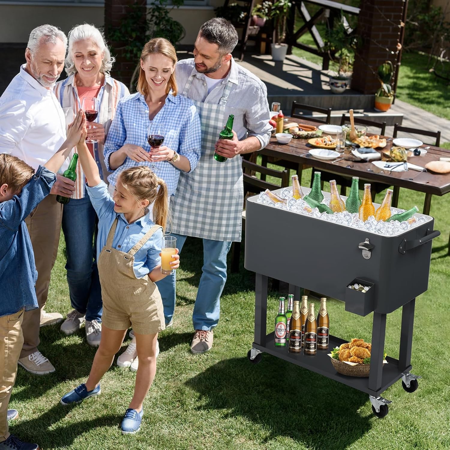 80 Quart Rolling Ice Chest on Wheels, Portable Patio Party Bar Drink Cooler Cart