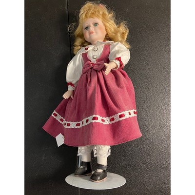 Vintage Porcelain Collector Doll Blonde Hair Pink Corduroy Dress with Stand