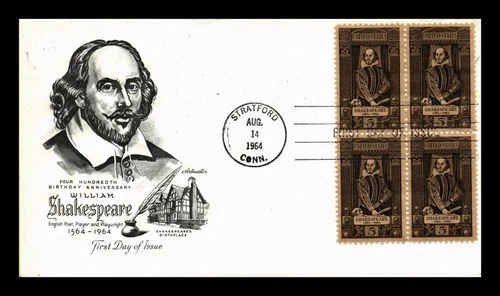 US COVER ARTMASTER BLOCK OF 4 FIRST DAY OF ISSUE SHAKESPEARE 1564 TO 1964
