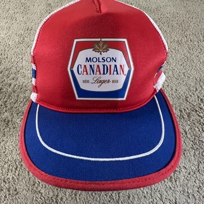 Molson Canadian Hat Cap Snap Back Mens One Size Red Beer Trucker Mesh Striped