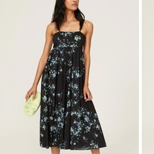 Les Reveries Black Floral Midi Dress SIZE 8 Babydoll Chain Straps Designer $515