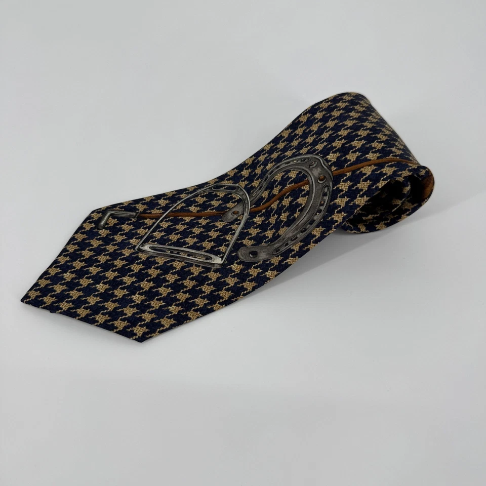 Vintage Polo Ralph Lauren Silk Horse Stirrup Horseshoe Tie Navy Gold Houndstooth - Image 2 of 4