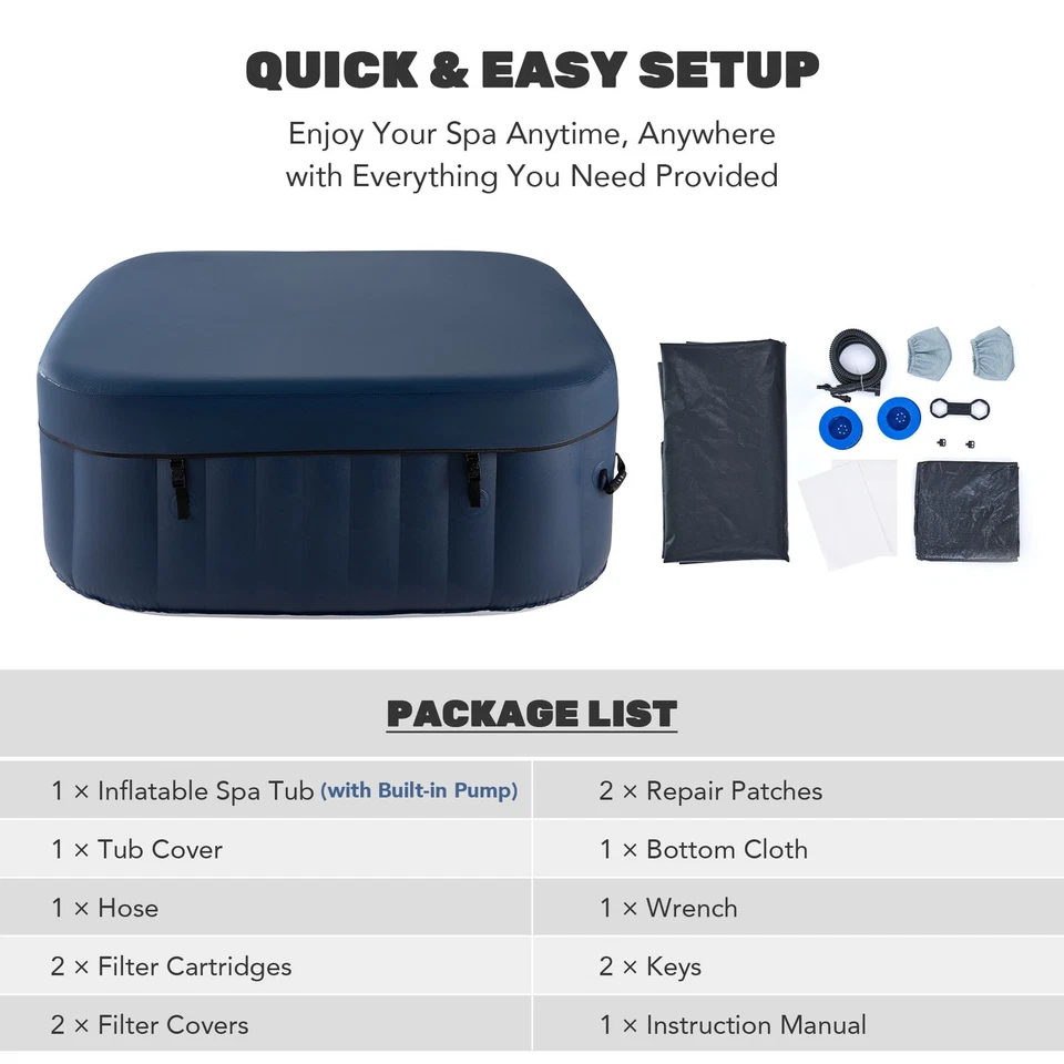 Bañera de hidromasaje inflable portátil CO-Z spa con cubierta 120 Air Jet 2-4 personas cuadrada azul Foto 3 de 4