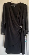 NWT R&M Richards Womens Size 16 Black Embellished Faux Wrap Sheath Dress