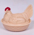 Vtg Westmoreland RARE Pink Peach Milk Glass 8" Hen On Nest Red Comb Candy Dish
