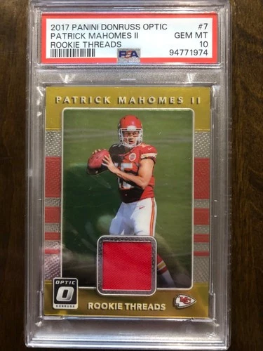 Patrick Mahomes II 2017 Panini Donruss Optic Rookie Threads PLAYER WORN PSA 10