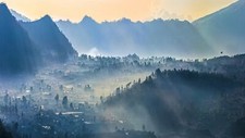 Landscape mist nature village mountains sun rays trees Custom Gaming Mat Desk