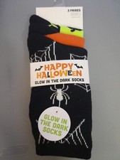 Happy Halloween Glow In The Dark Socks Shoe Size 4-10 Spiders Pumpkins