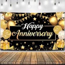 Black & Gold Happy Anniversary Banner, 72x44 in, Party & Wedding Decor
