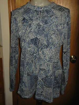 LAUREN RL-L/S-BLUES PRINT-MESH TOP-RUFFLE & BUTTON UPPER FRONT-STRETCH-XL-NWT