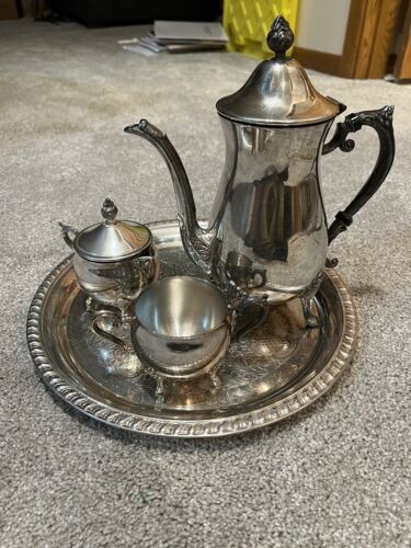 Vintage LEONARD Silver Plate Tray, Tea Pot, Lid, Creamer & Sugar Bowl - 5 Pc Set - Picture 1 of 6
