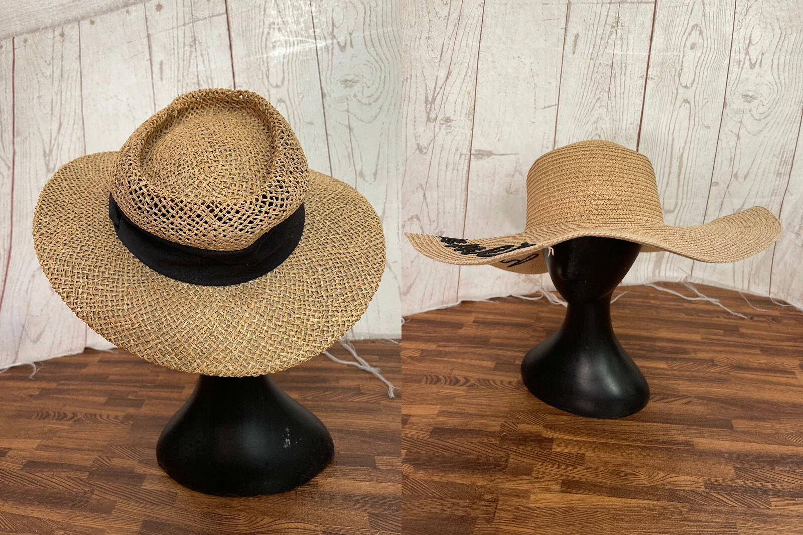 Lot of 2 Women’s Light Brown Wide Brim Straw Hats: Hello Summer and Land’s End