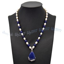 7-8mm White Baroque Rice Pearl Blue Lapis Lazuli Teardrop Pendant Necklace AAA