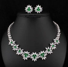 Cluste Green CZ Cubic Zirconia Crystal Necklace Earrings Set Rhodium Plate CZ906