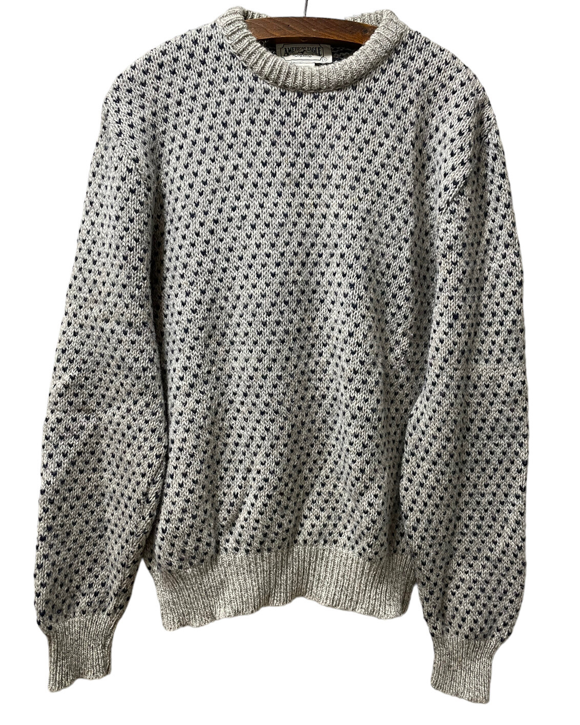 80s Vintage American Eagle Sweater Men's Small Gray Blue Birdseye Wool Crew Neck image 4
