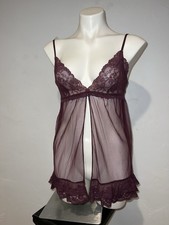 Victoria s Secret Babydoll Chemise Plum Sheer Lace Lingerie G-string S Vintage