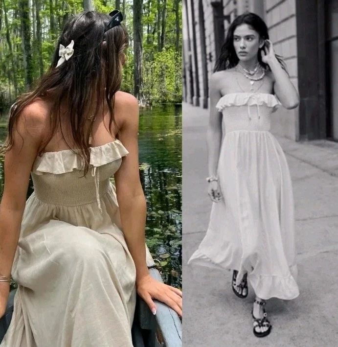 OFF WHITE NUOVO Free People Lush Life abito midi in lino senza spalline bianco sporco Cottagecore XS