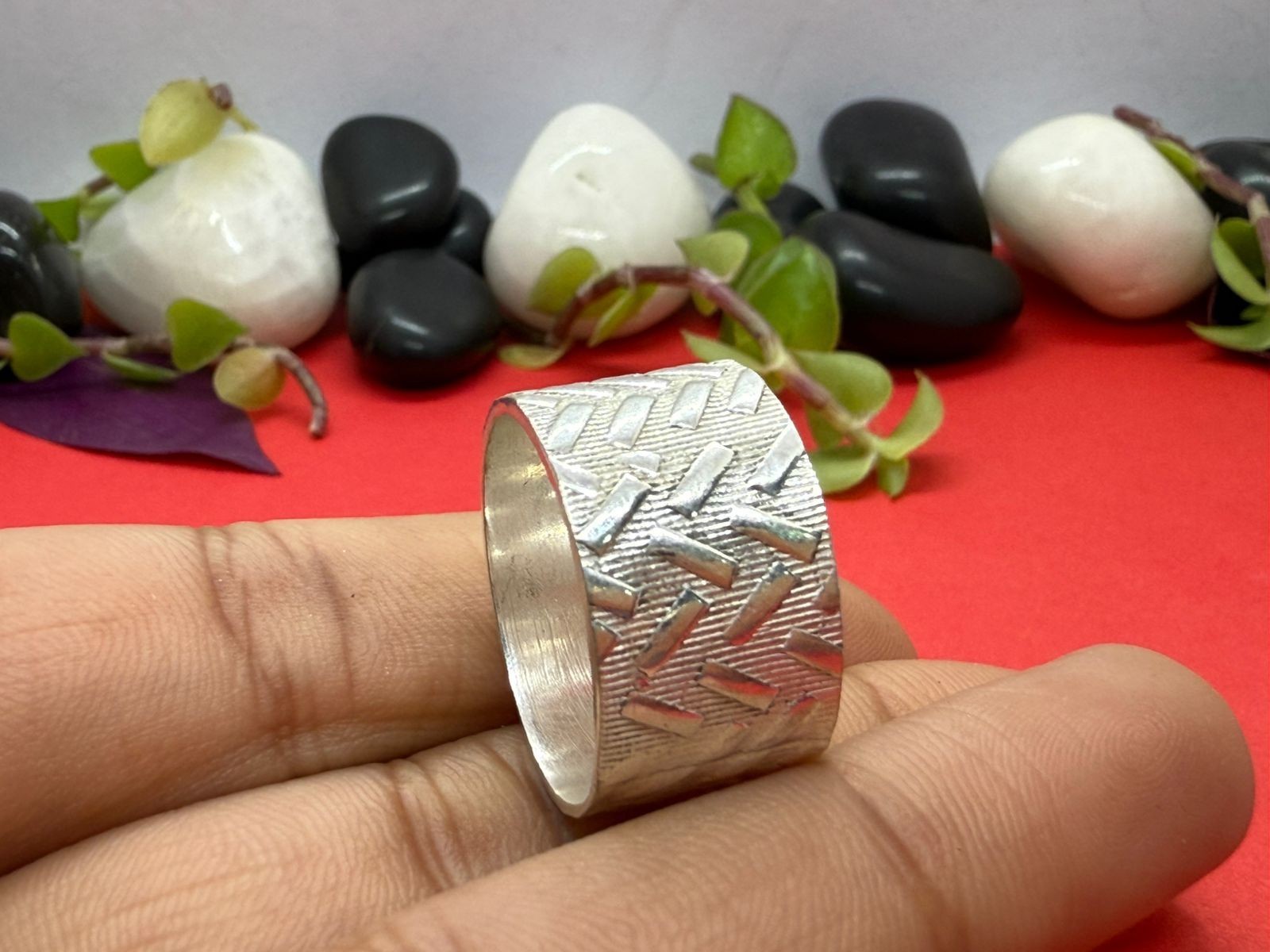 925 Sterling Silver Wide Textured Band Ring Handmade Unisex Jewelry