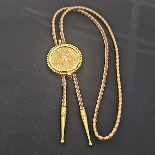 Western Gold Tone Liberty Coin Bolo Tie Adjustable Leather Cord Brass Men's
