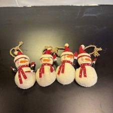 Set of 4 Felt Wool Snowman Ornaments Smiling Rustic Soft