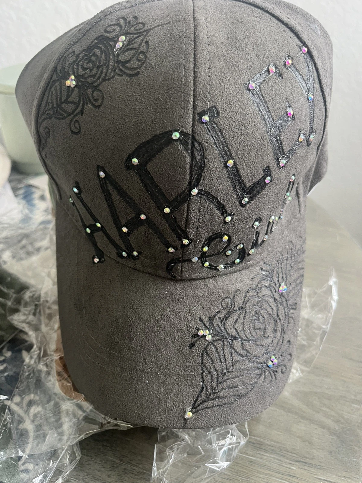 Hand-Burned HARLEY Girl Baseball Cap Vegan Suede with rhinestones Handmade Hat