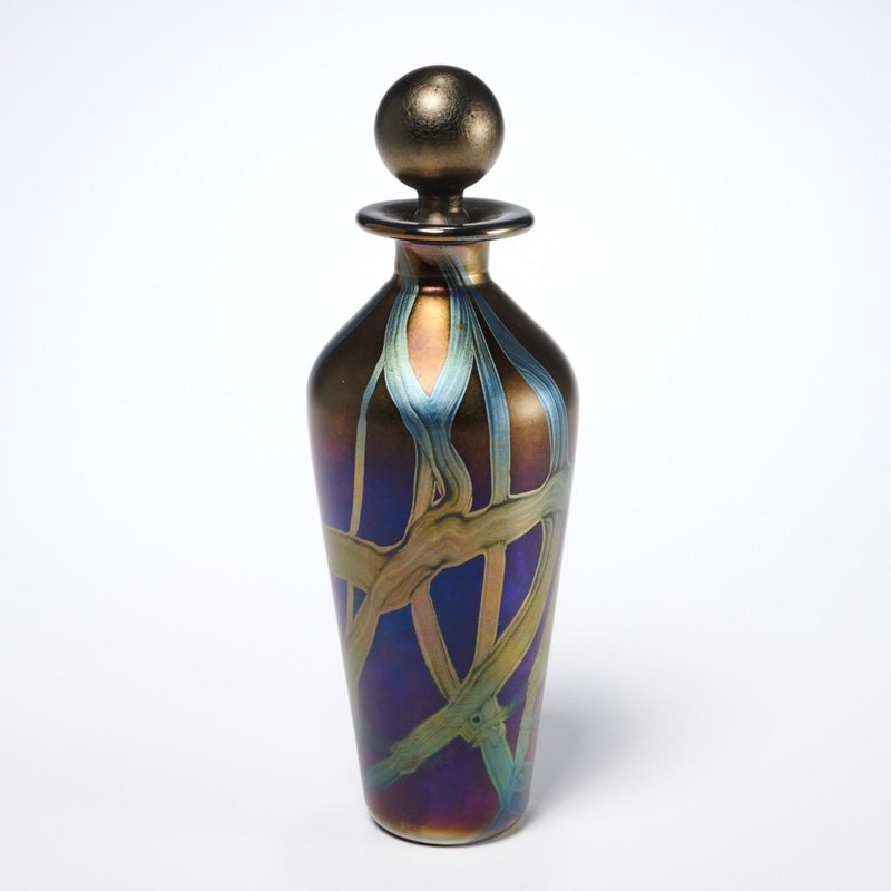 Isle of Wright Art Glass Iridescent Deep Dark Purple Perfume Bottle 5.75"h