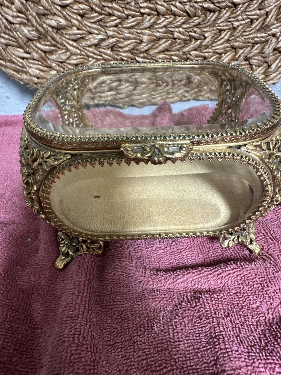 Antique Filigree Matson Jewelry Box Casket With Beveled Glass Display Case