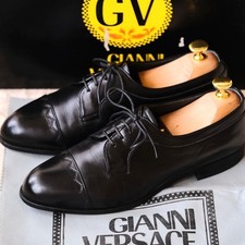 GIANNI VERSACE Straight Tip Derby Shoes, Black Leather, Men's Size 40.5 (i25841)