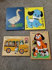 Lot 4 Vintage Wooden Playskool Fisher-price Judy Puzzles Dog Bus Goose