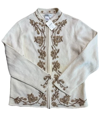 COLDWATER CREEK PM Embroidered Lambs Wool Zip Cardigan Sweater Ivory Cream NWT