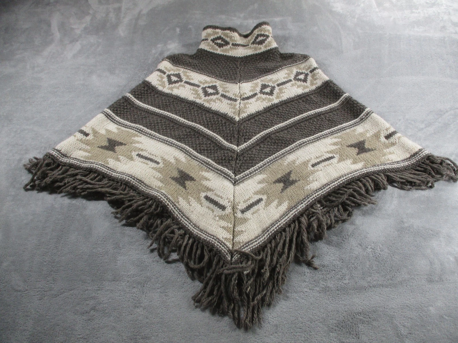 Berretti Sweater Cape Poncho Womens One Size Brown Turtleneck Fringe Aztec Knit