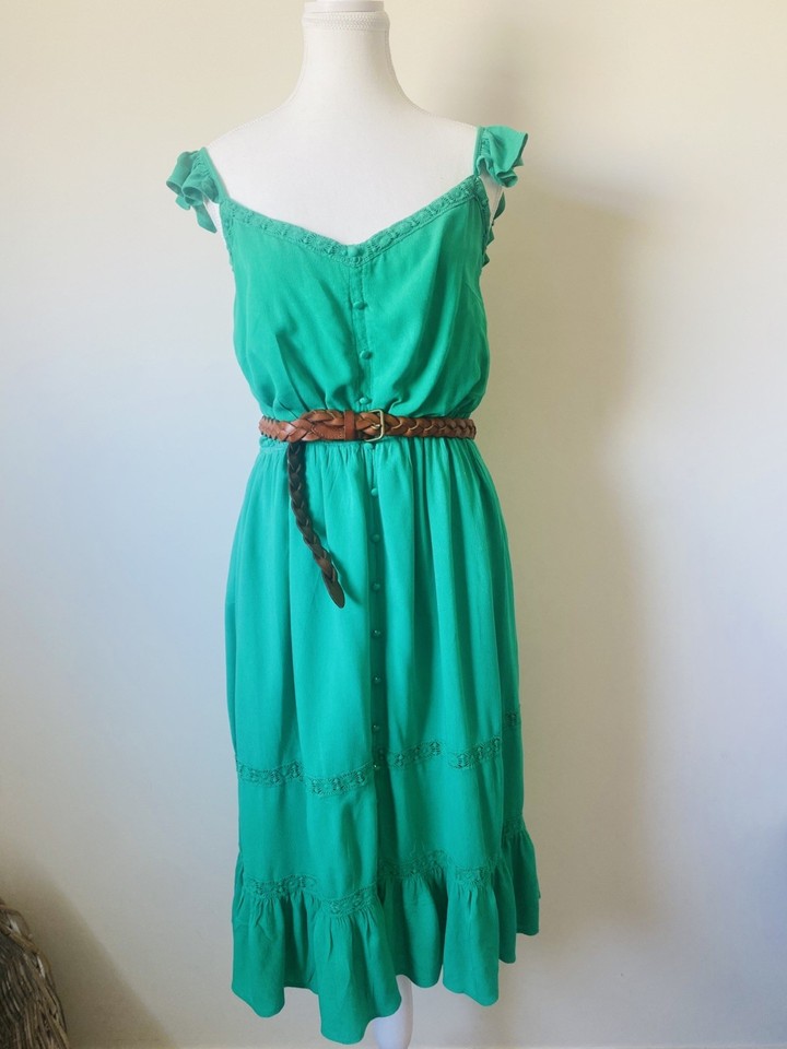 Sass Emerald Green Frill Strap Sun Dress Crochet Lace Inserts Sz 10 S