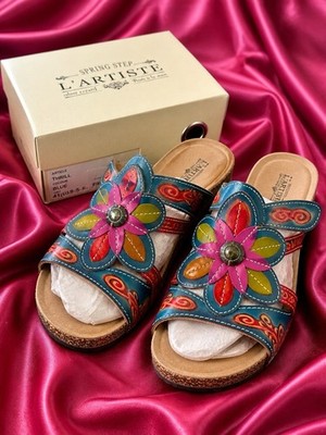 Spring Step L'Artiste Women's Leather Slide Sandals Blue Floral Hand-Painted 9.5
