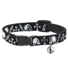 Cat Collar Breakaway with Bell BD Skulls w/Wings Black/White NARROW Fits 8.5-12"