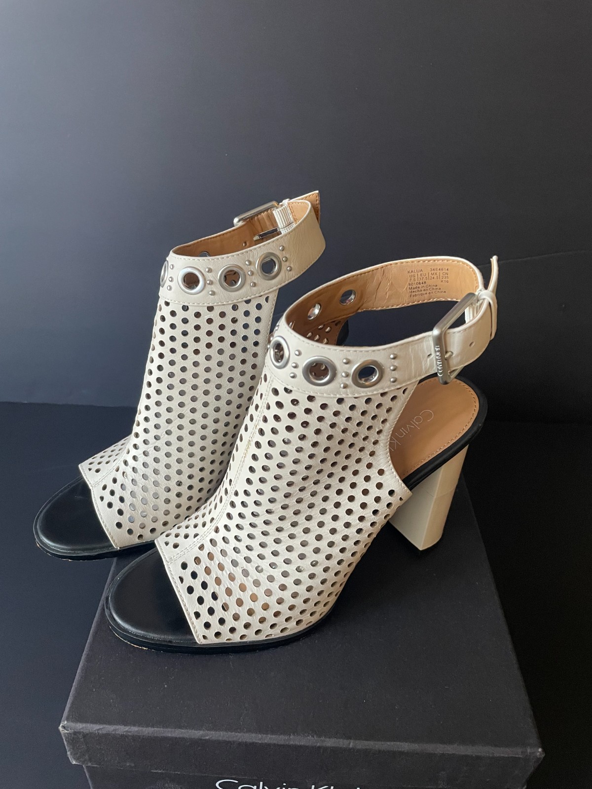 Calvin Klein Laser Cut Block Heel Sandals Ankle Strap, White, Womens 7.5