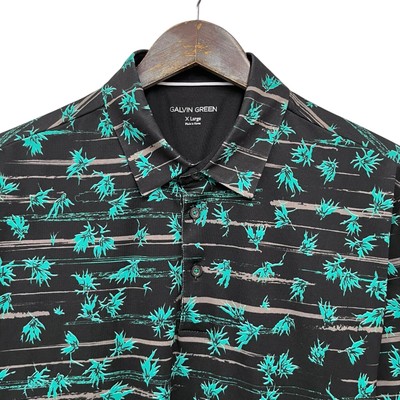Galvin Green NEW Men's XL Black/Green Floral Leaves Performance Golf Polo Shirt