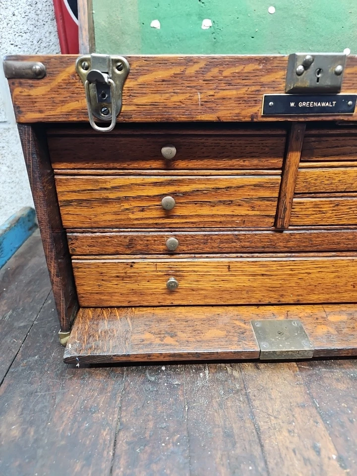 L10- Vintage Wood Oak Machinist Chest Tool Box 18 x 13 x 9 - Image 2 of 4