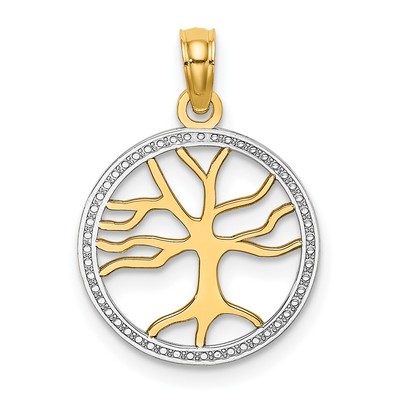 Solid 10K Yellow Gold w/Rhodium 3-D Tree Of Life In Round Frame Charm - 19.9mm