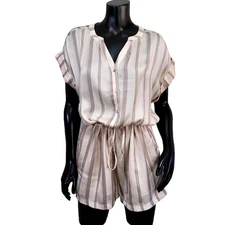 Grade & Gather Womens L Silky Polyester Beige Nude Striped Romper Drawstring