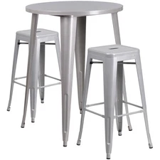 30'' Round Silver Metal Indoor-Outdoor Restaurant Bar Table Set w/2 Barstools