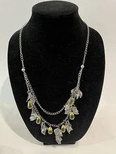2 Tier Silver Tone Leaf And Yellow/green Teardrop Dangle Necklace No Clasp Boho