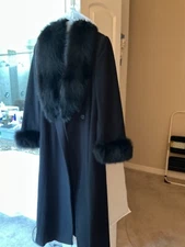 Marvin Richards Black Wool Real Fox Fur Coat Size 8