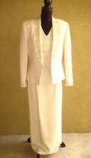 Albert Nipon Evening 3 pcs cream embroidered lined jacket vest, long skirt set 6