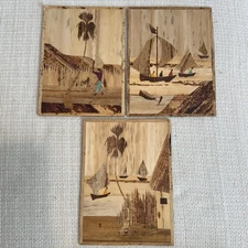 Bamboo Wood Inlay Folk Art Ship Sea Tropical 5x8" Wall Art MCM 1960 Set Of 3